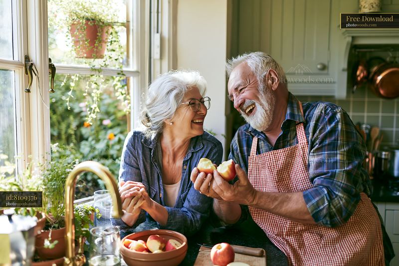 Elderly couple enjoying breakfast while laughing in the kitchen