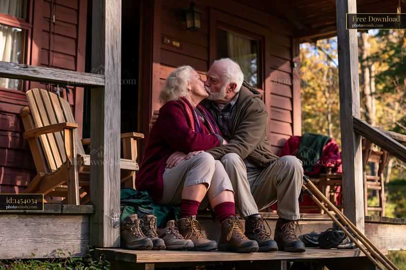 Kiss between elderly partners on porch at cabin in autumn
