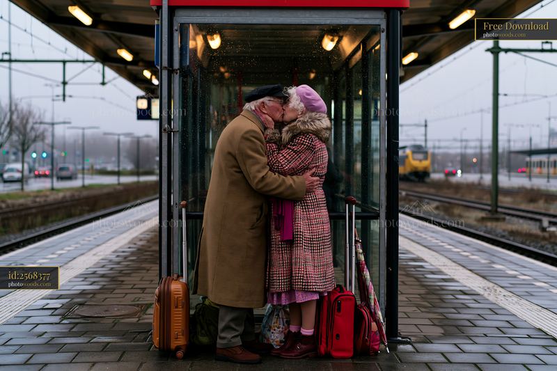 Couple sharing romantic kiss at train station in cold weather