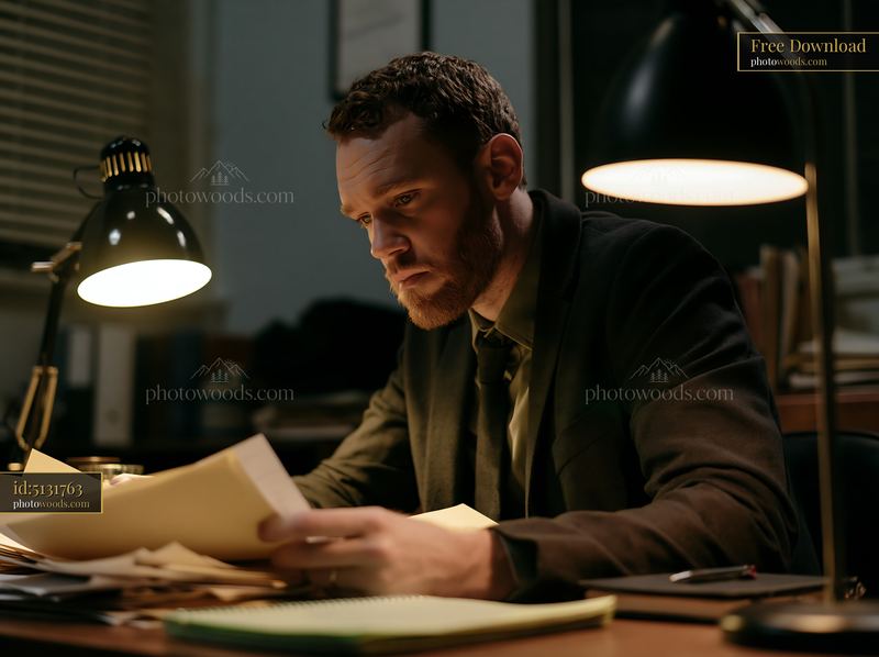 Investigator organizing case documents at a work desk