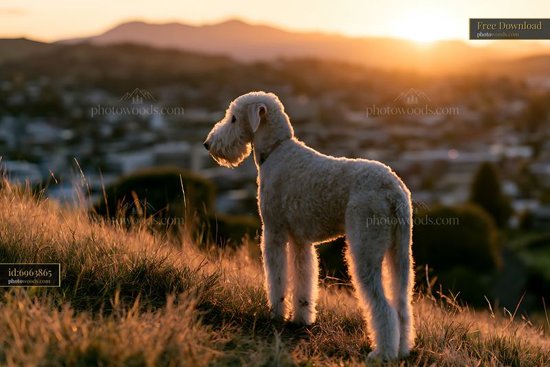 Uncommon dog breed watching sunset from hilltop