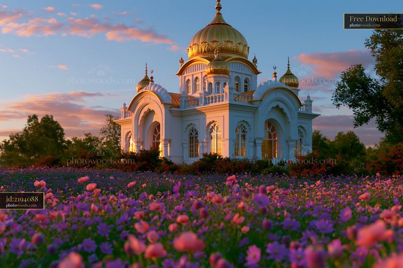Architecture of a Temple With Golden Domes at Sunset
