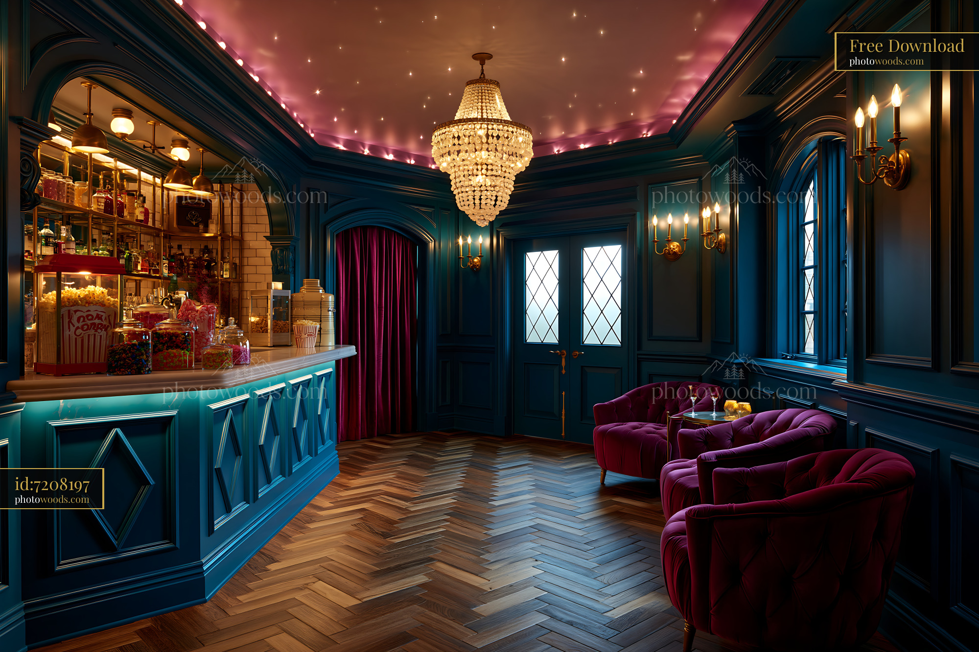 Art Deco Basement Movie Room With Chandelier and Vintage Decor