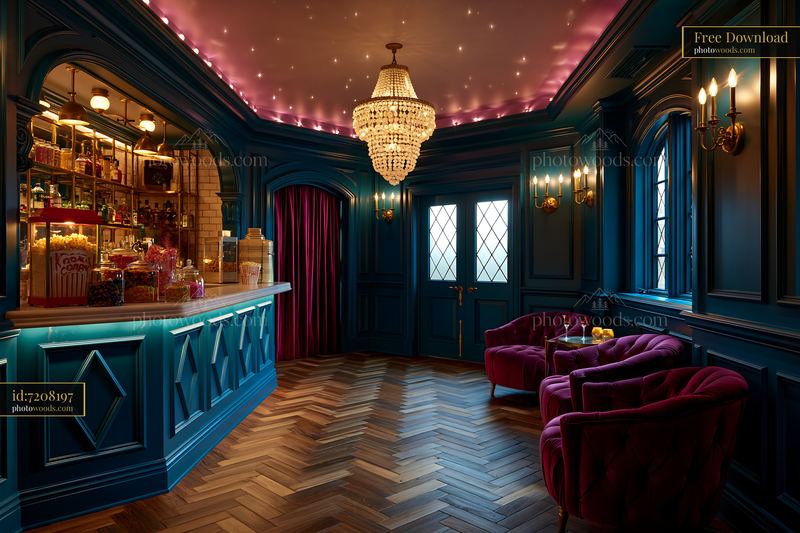 Art Deco Basement Movie Room With Chandelier and Vintage Decor