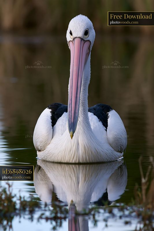 Australian pelican floating on calm coastal lagoon water with its reflection visible below.