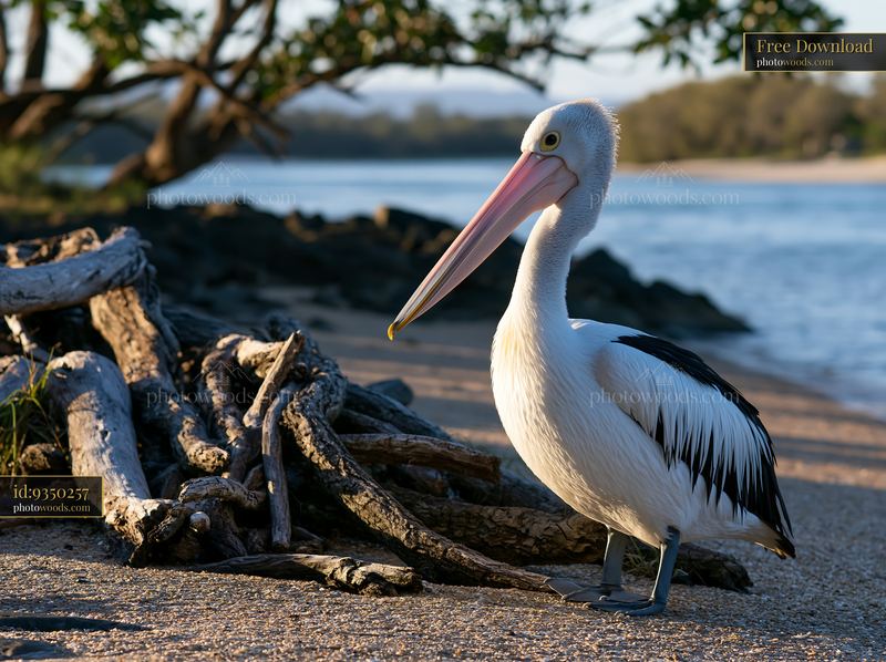 Australian pelican beside a coastal lagoon