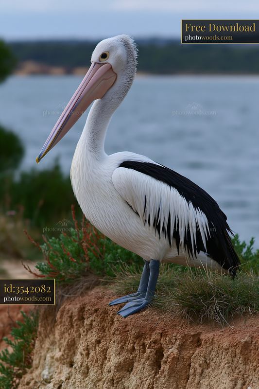 Australian pelican standing on a vegetated bank beside a calm coastal lagoon