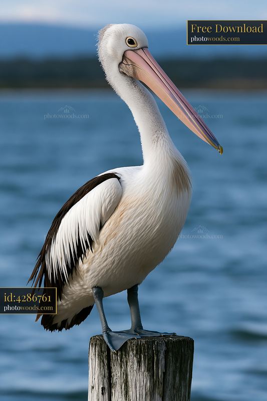 Australian pelican standing on a weathered wooden post beside blue coastal lagoon water.