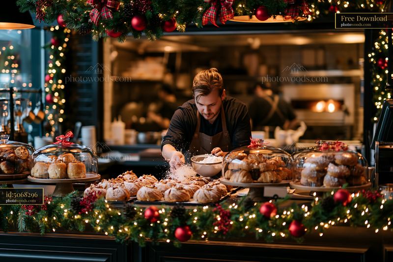 Festive coffee shop interior with baker preparing pastries