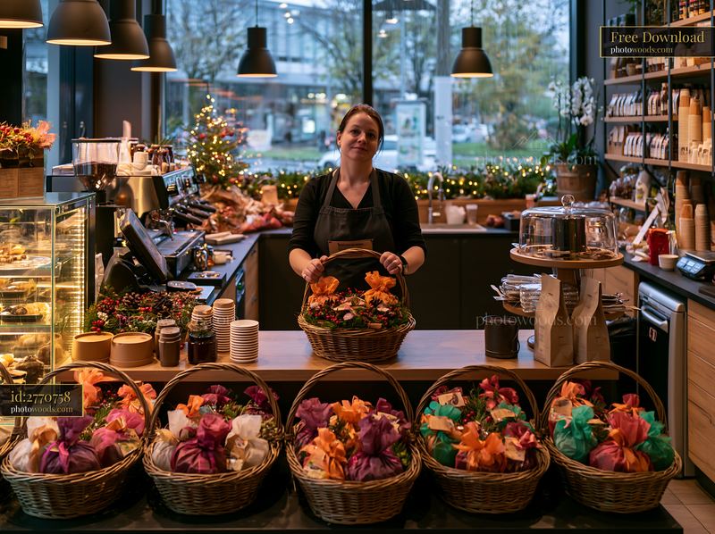 Festive coffee shop interior with barista and gift baskets