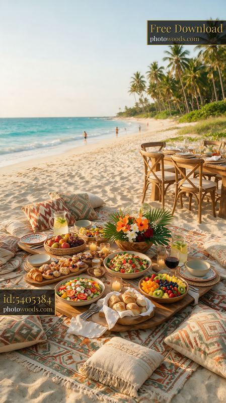 Beach picnic buffet with tropical seaside table and picnic spread