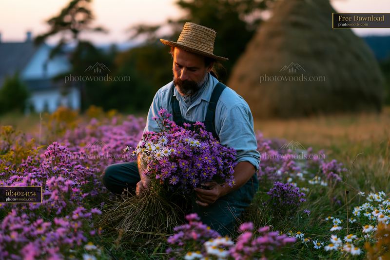 Bearded man gathering wildflowers in a flowering meadow