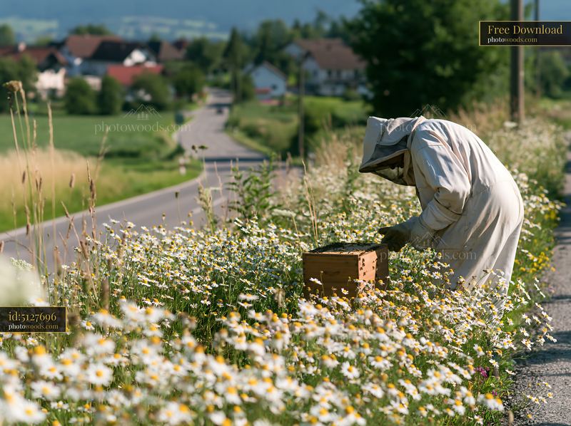 Beekeeper tending a hive in a wildflower meadow beside a country road