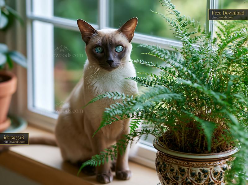Tonkinese cat portrait beside a potted fern by a window