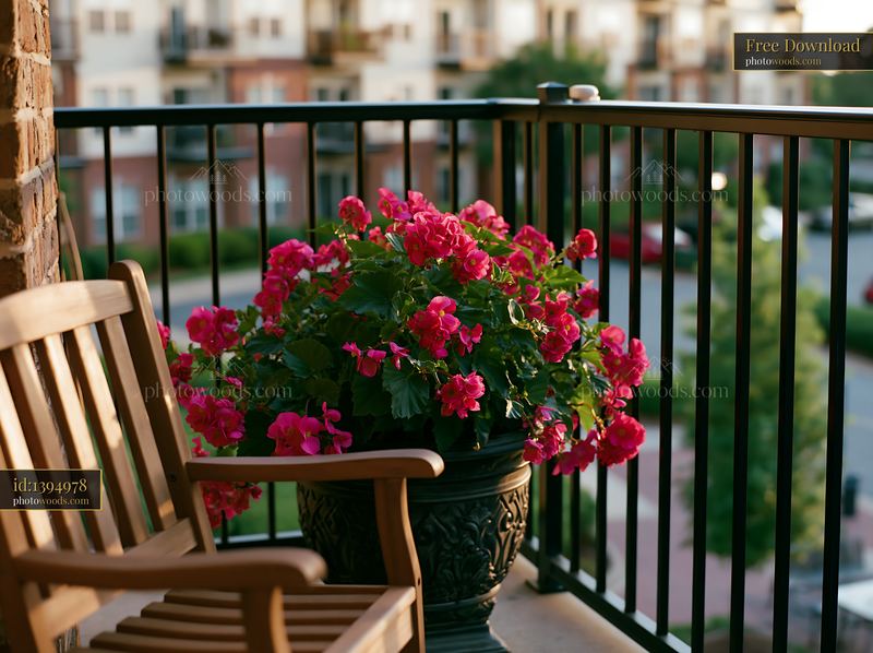 Begonia flowers on balcony with seating area in urban setting