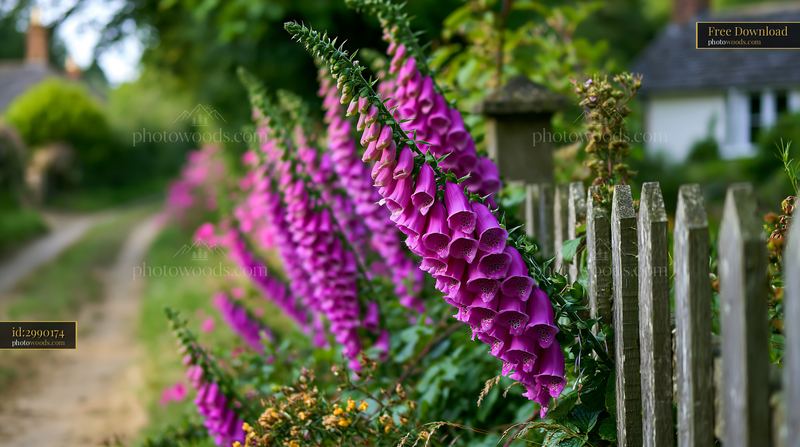 Foxglove flowers blooming by a cottage fence