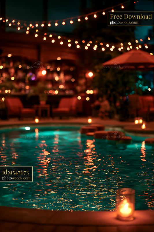 Relaxing evening at a well-lit outdoor poolside lounge