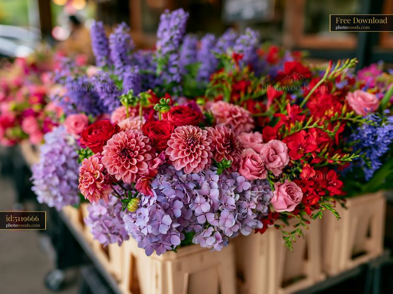Mixed seasonal flowers at farmers market display