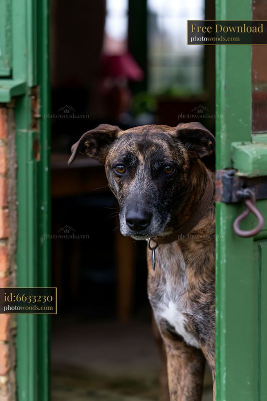 Brindle-coated dog standing in a green doorway