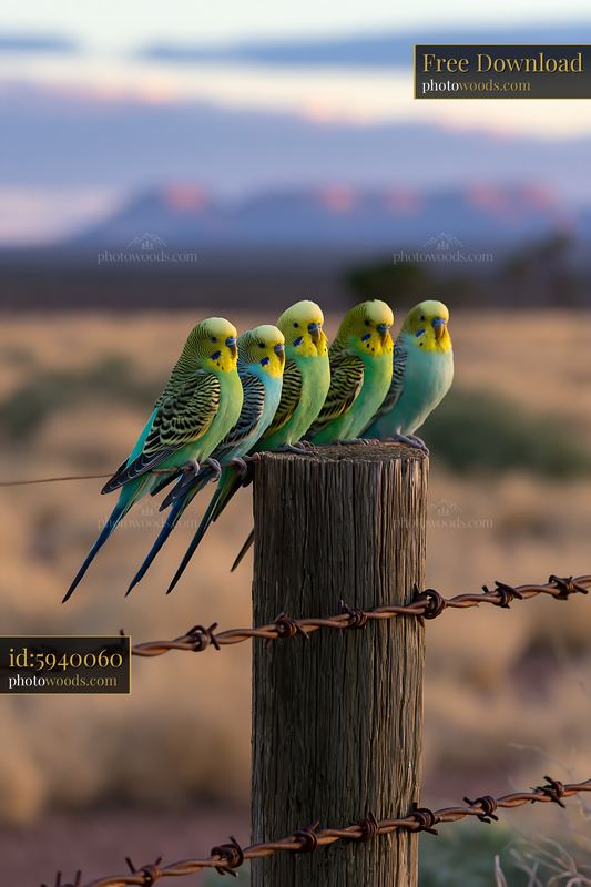 Budgerigars Perched on a Wooden Post in a Field