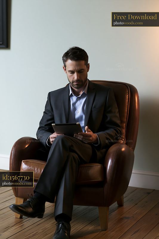 Businessman Using Tablet Alone in a Minimalist Office