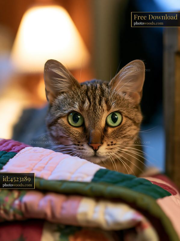 California Spangled cat with green eyes peeks over a colorful quilt indoors.