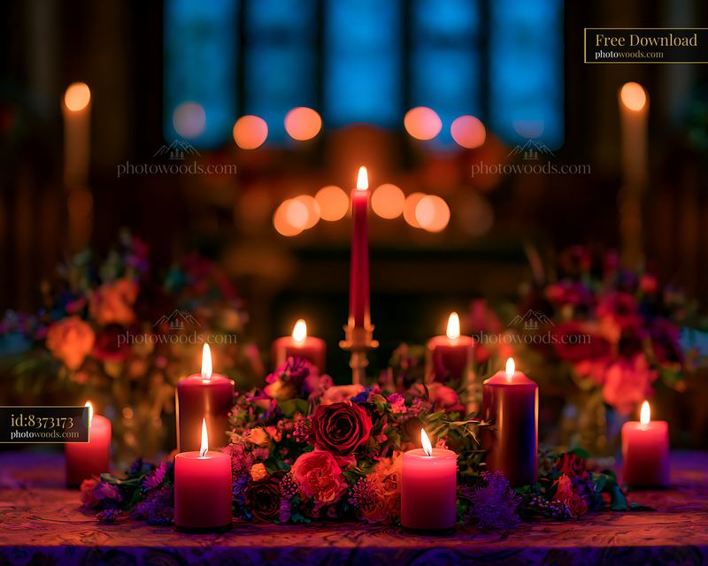 Candle arrangement with flowers at a dimly lit event space