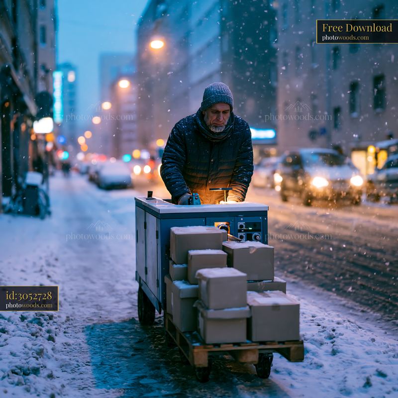 Carpenter Delivering Parcels in Snowy City Street
