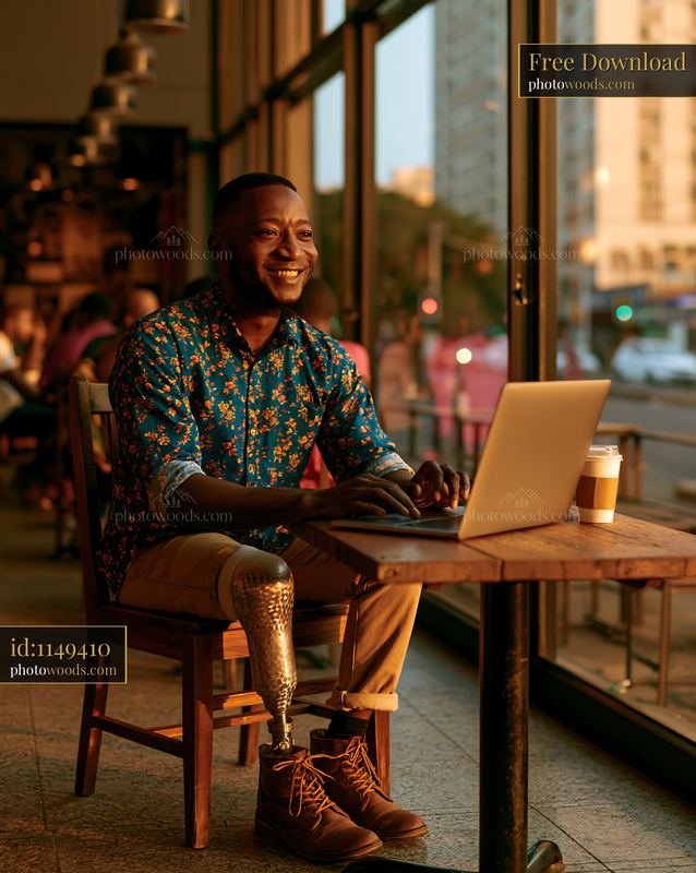 Cheerful Man With Prosthetic Leg Working in Cafe at Sunset