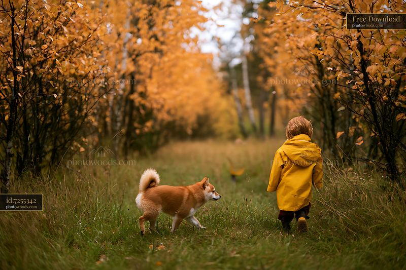 Child Walking with Shiba Inu Through an Autumn Forest