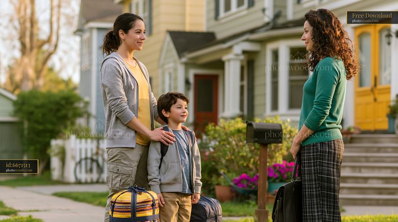 Child With Two Packed Bags Between Two Homes in Neighborhood Setting