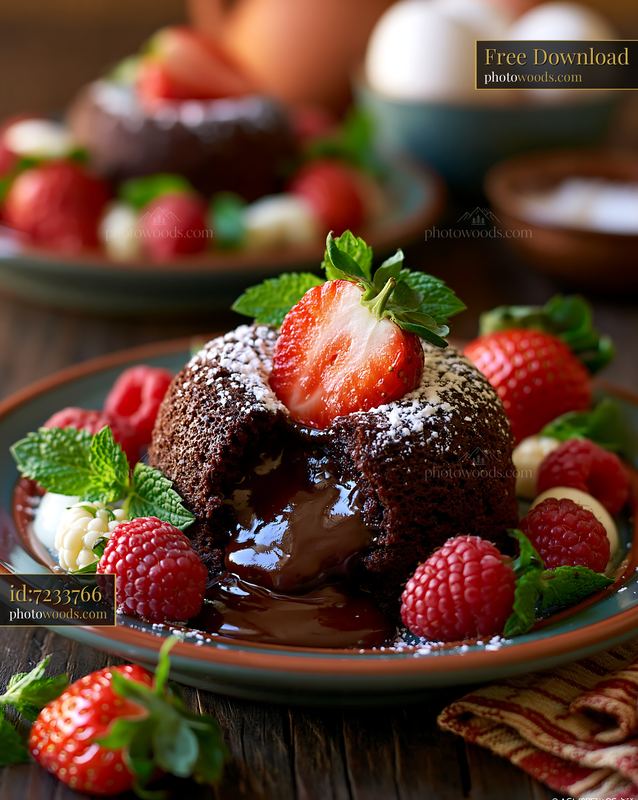 Chocolate Lava Cake With Mixed Berries and Mint Garnish