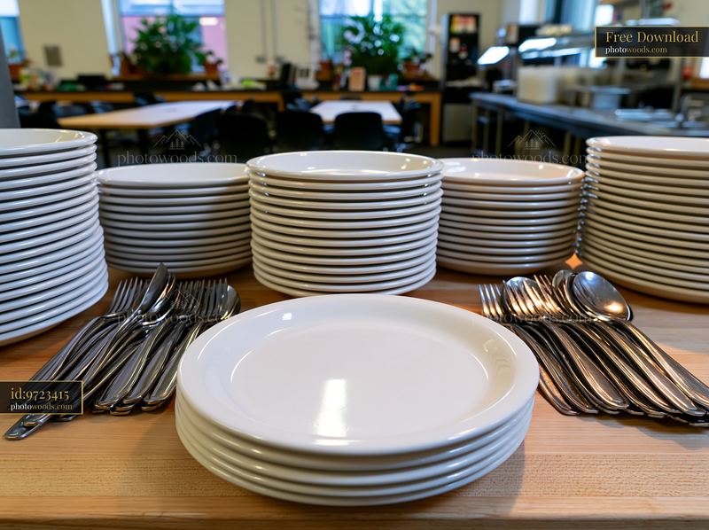 Sustainable buffet catering with plates and utensils arranged neatly