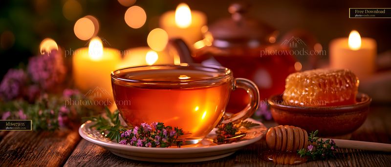 Warm tea with honey and flowers surrounded by glowing candles