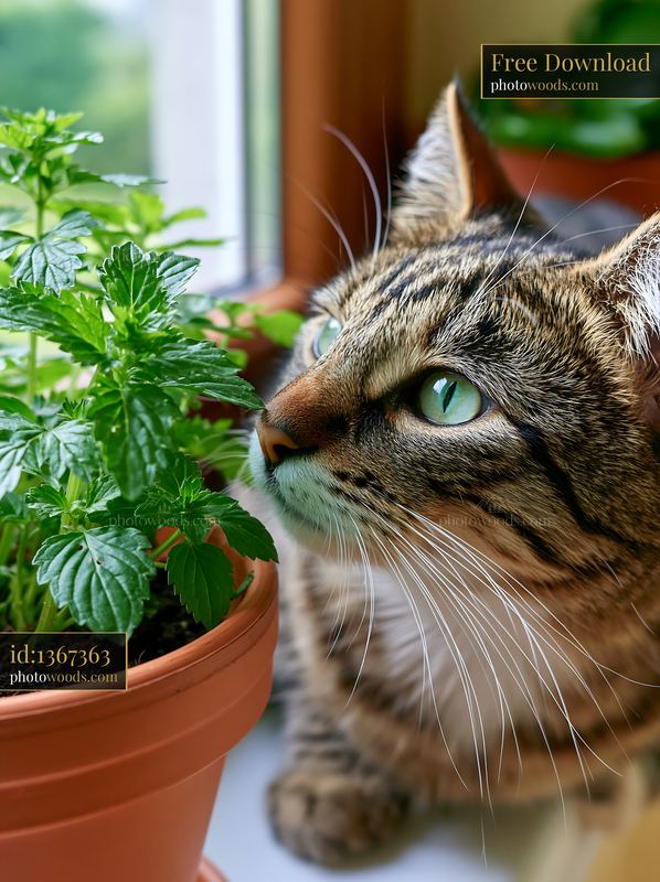 Close-up tabby cat beside a potted plant indoors