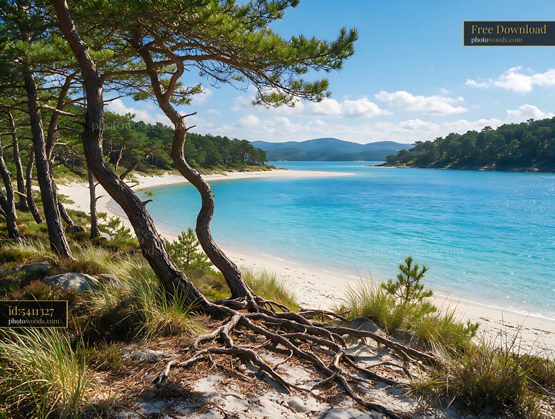 Coastal Landscape With Pine Tree and Sandy Beach in Summer