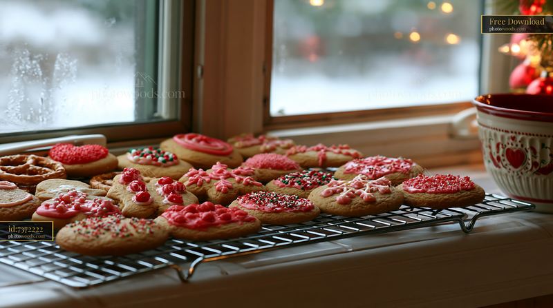 Christmas cookies cooling on kitchen rack with festive decorations