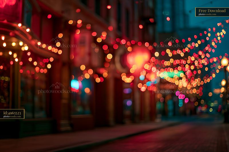 City street decorated with colorful lights at dusk