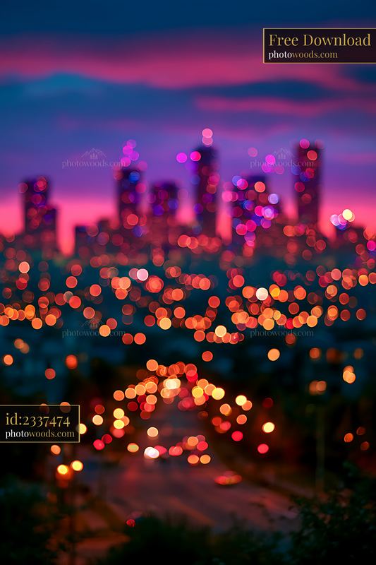City skyline with colorful lights at dusk