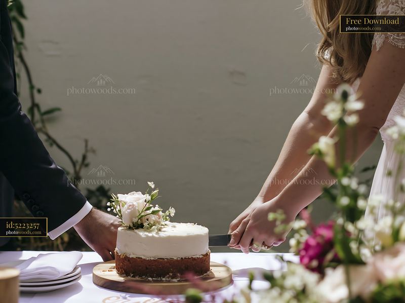 Couple cutting a decorated wedding cake at an outdoor reception