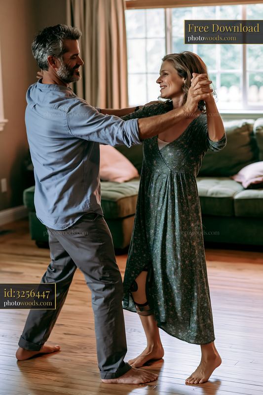 Couple dancing barefoot together in a bright living room