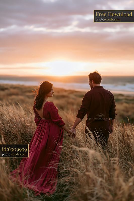 Couple holding hands in coastal grass at sunset