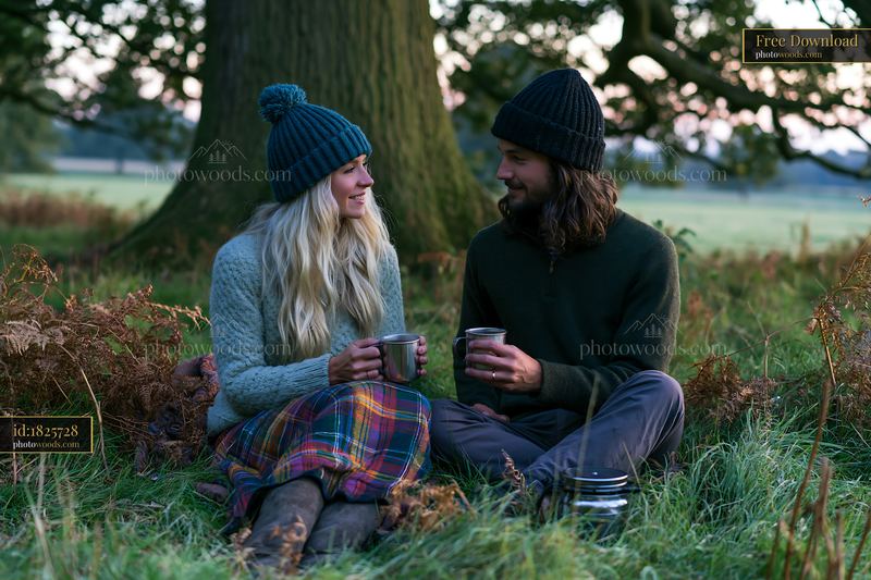 Couple drinking coffee in a meadow beneath an oak tree