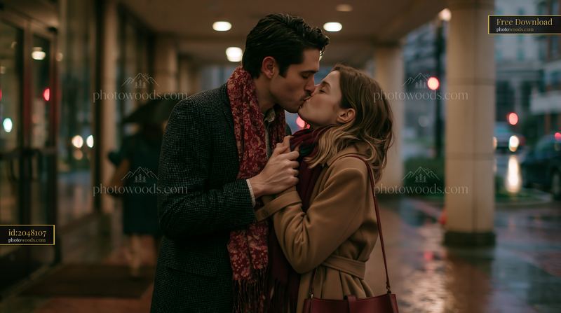 Couple kissing beneath a covered city walkway on a rainy evening