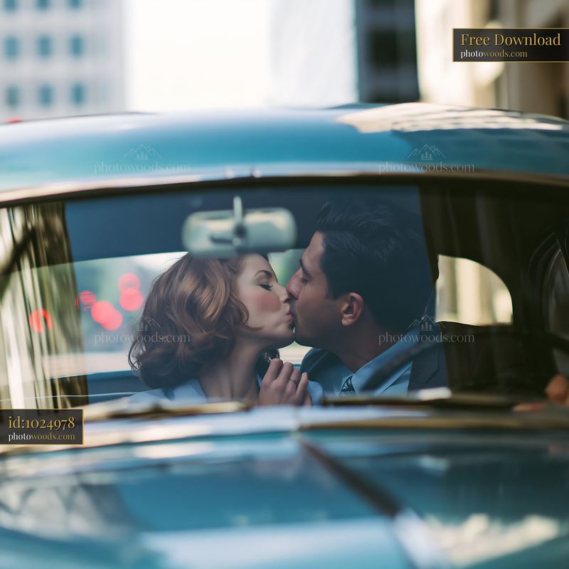 Couple kissing inside a vintage car