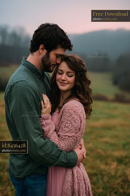Couple Sharing a Tender Moment in a Field During Dusk