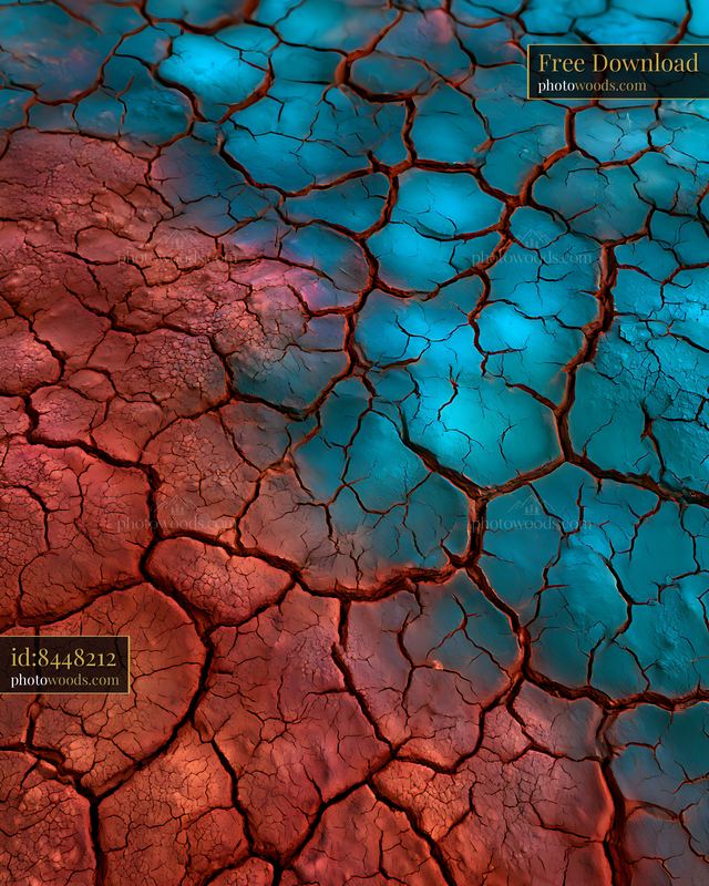 Cracked earth showing contrasting red and blue colors