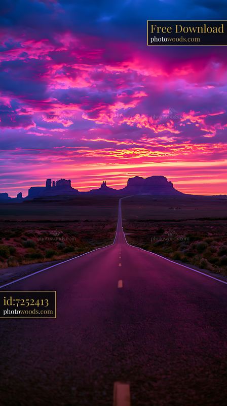 Desert Highway Under Vibrant Sunset With Rocky Formations