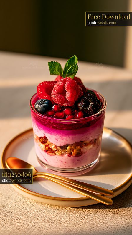 Dessert Parfait With Berries and Mint on a Plain Surface