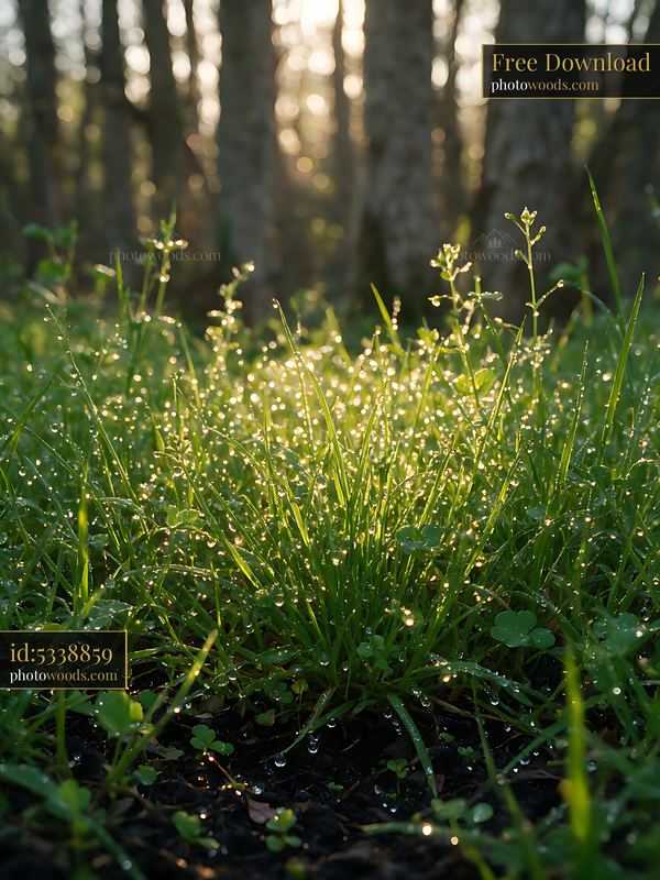 Sunlight shines through dew on grass in a shaded meadow